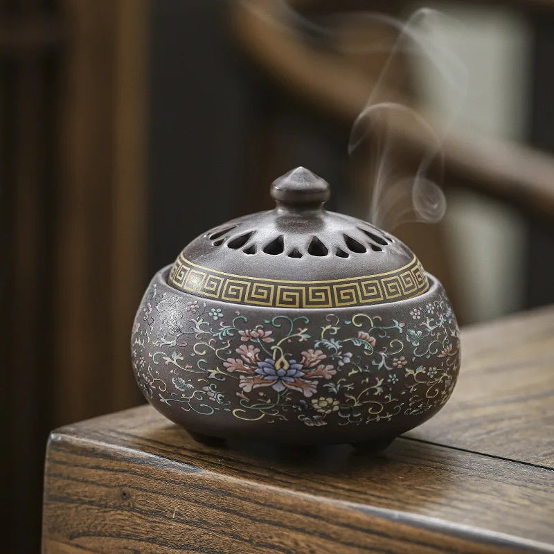 Retro Brown enamel lotus incense burner, domed lid with cutout vents and floral band