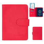 Cardinal red RFID passport wallet with fold-over strap and passport icon on front