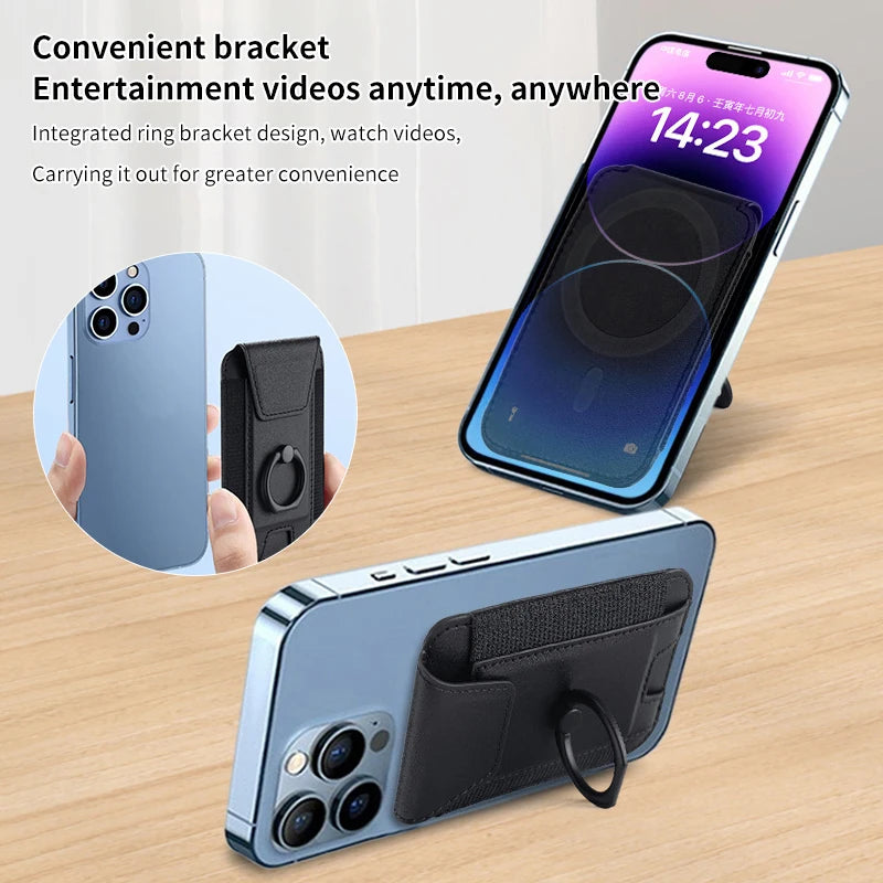 Card wallet phone case with magnetic ring holder, black and tan accents