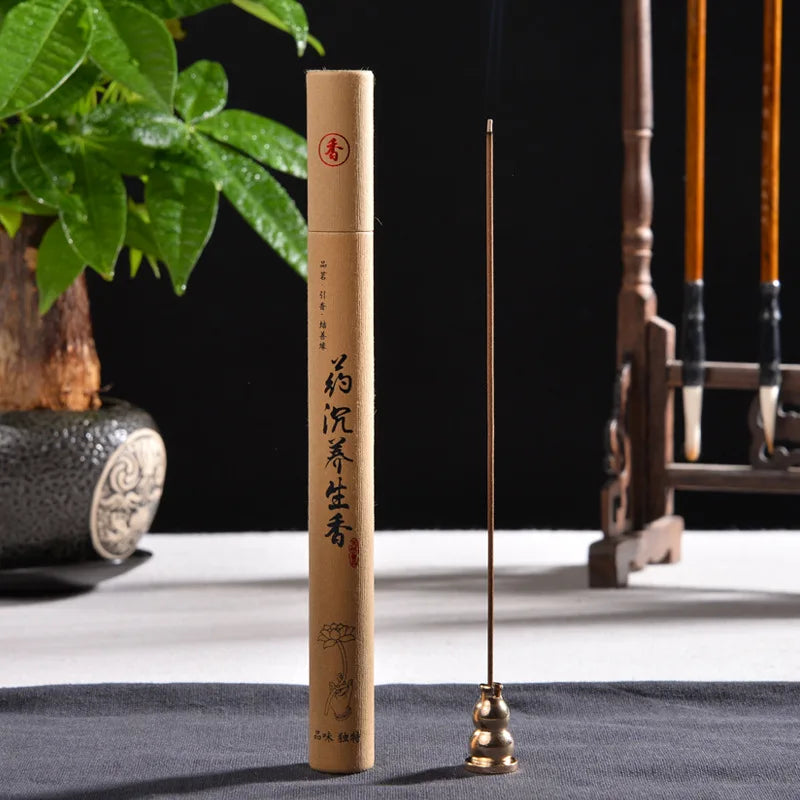 Incense holder set with bamboo cylinder, Chinese script, and brass incense base