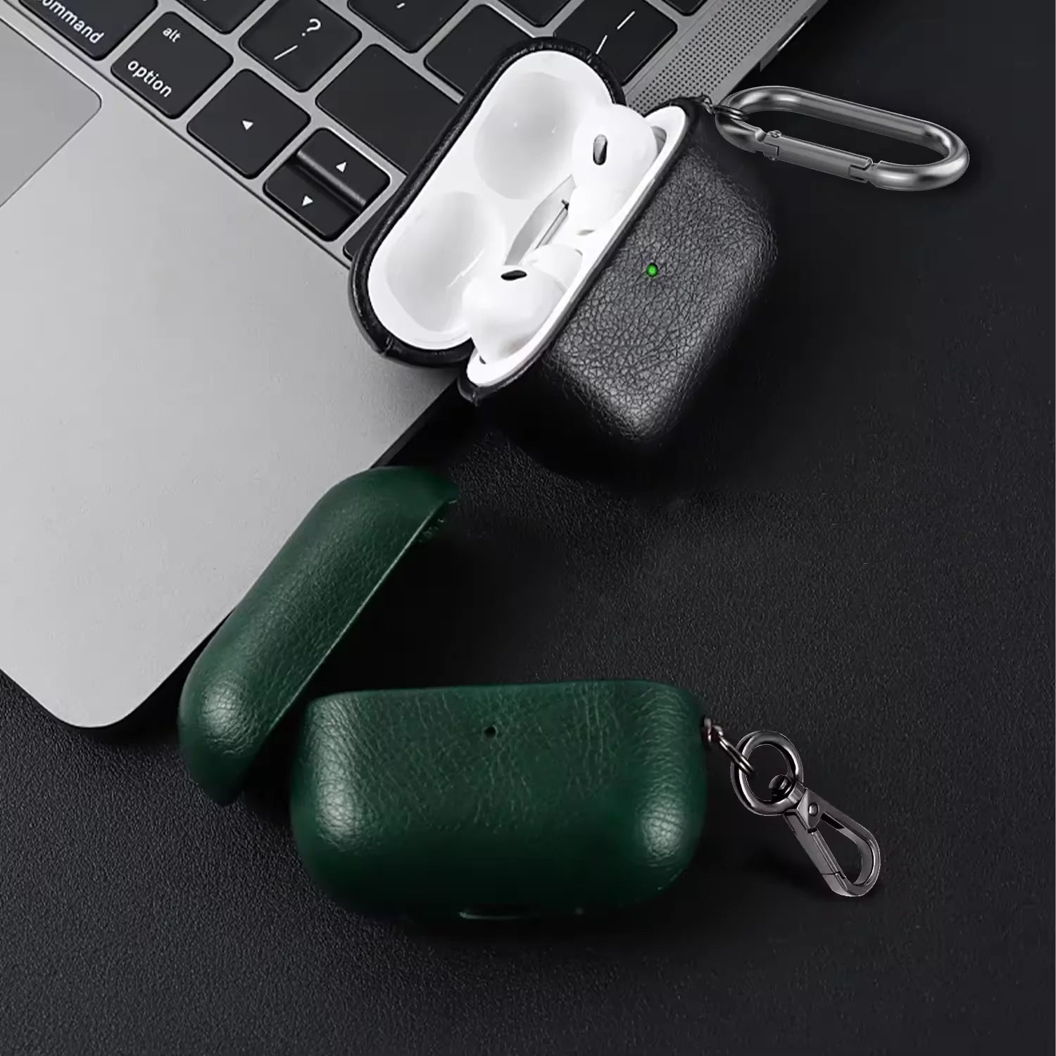 Black and forest green leather AirPods cases with metal keychain clips