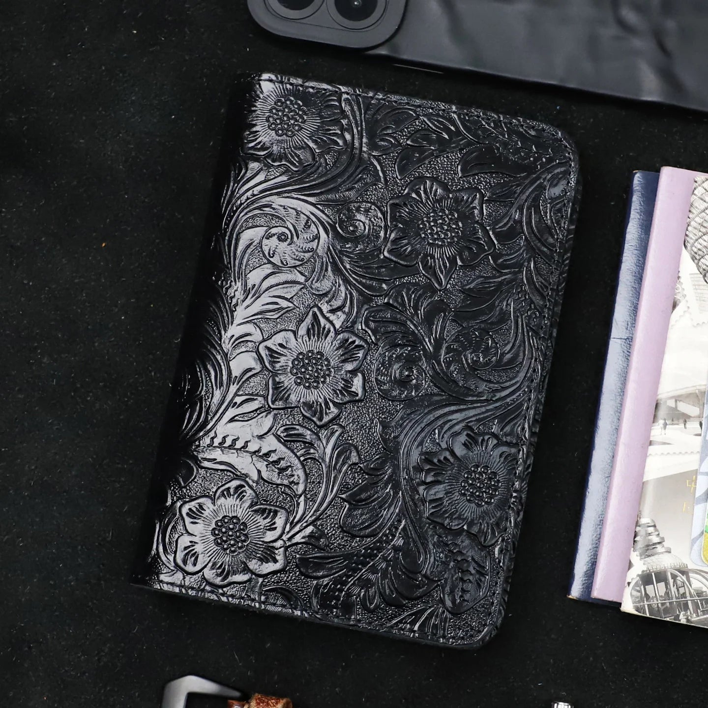 Leather travel folio with embossed floral design, midnight black, slim cover