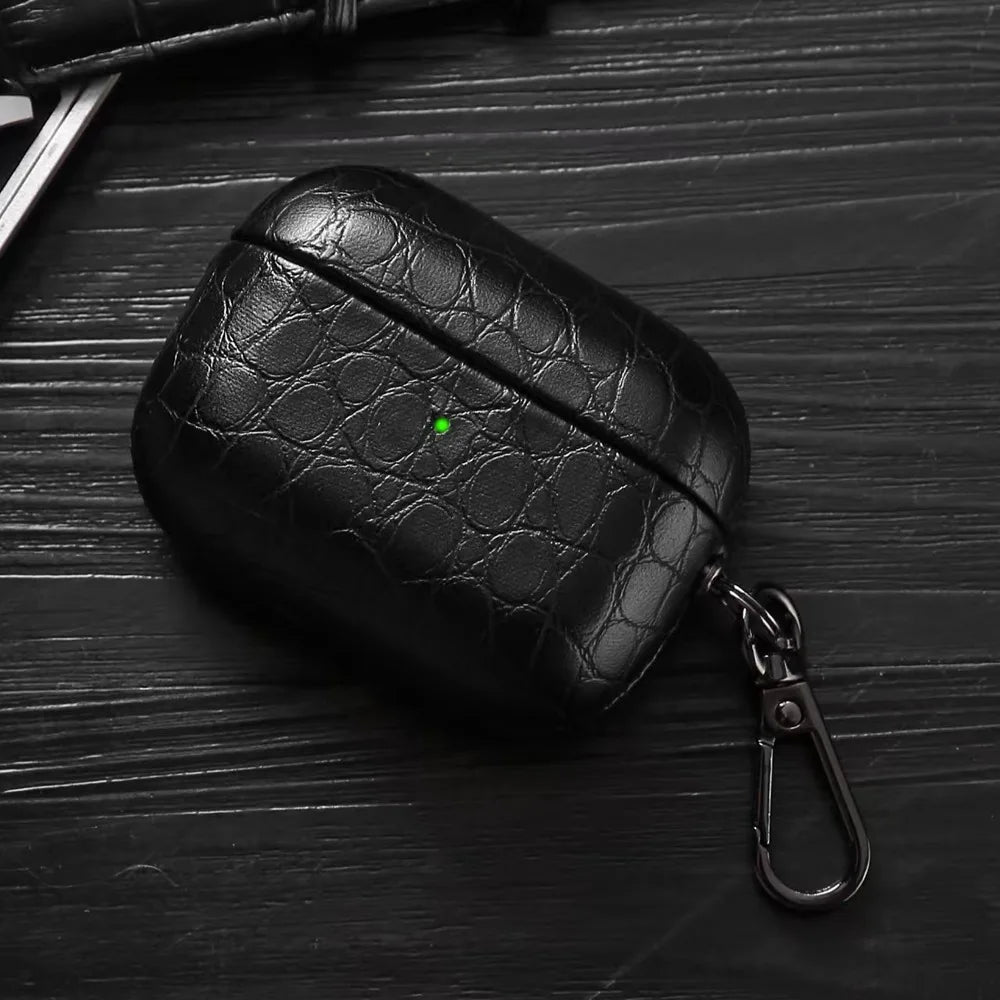Crocodile-grain AirPods case with keyring, black
