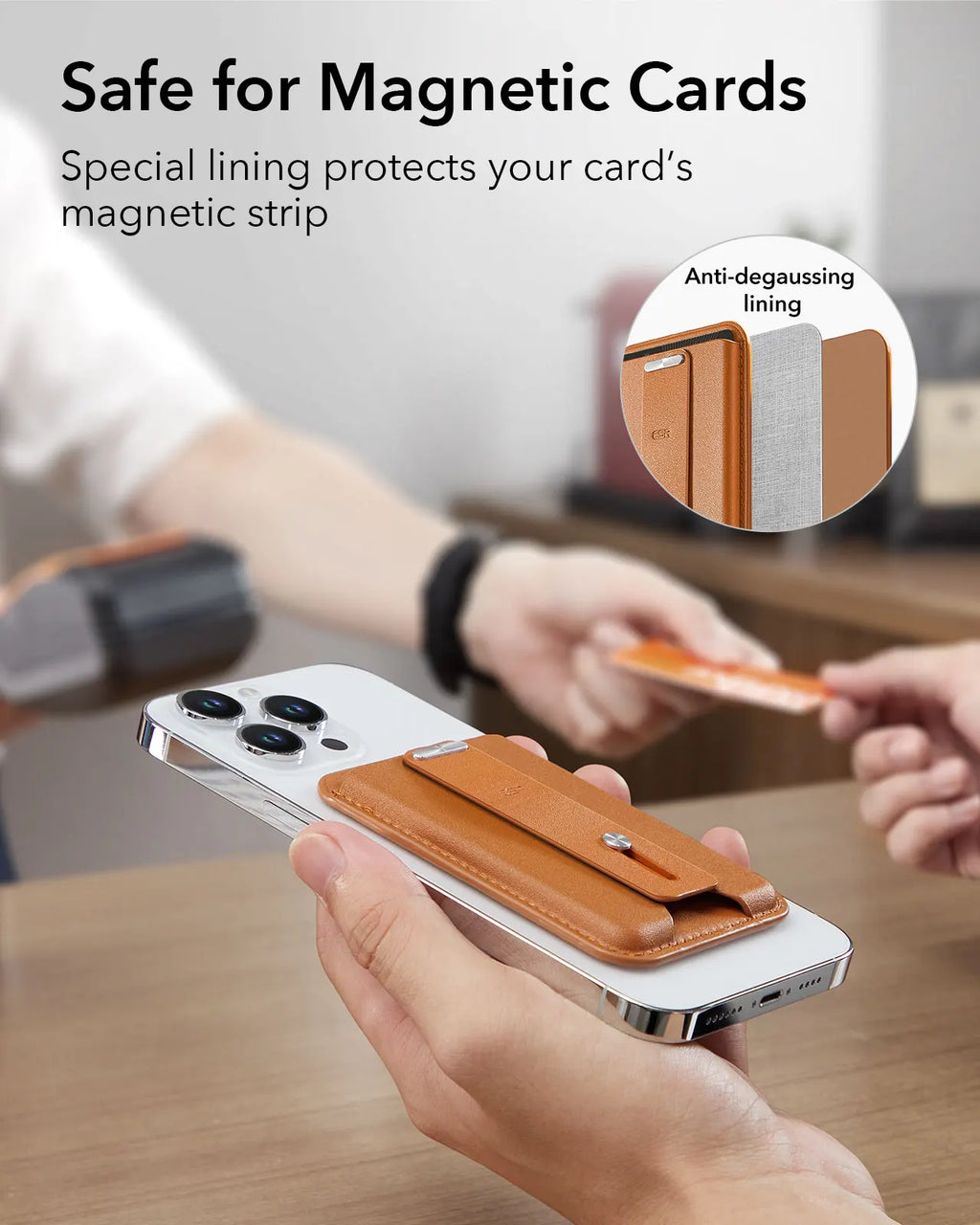 Brown magnetic card wallet case with protective lining and secure card slot