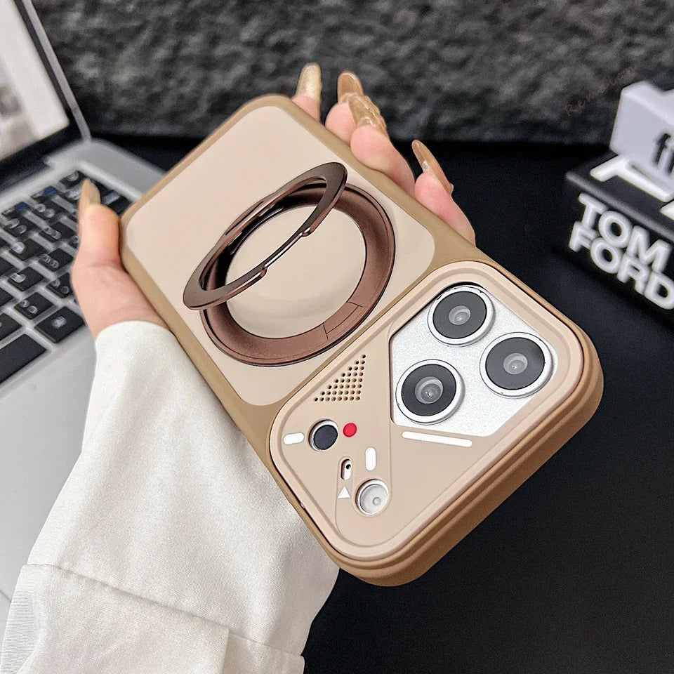 Matte metal phone case with ring holder, beige, camera cutouts and button openings