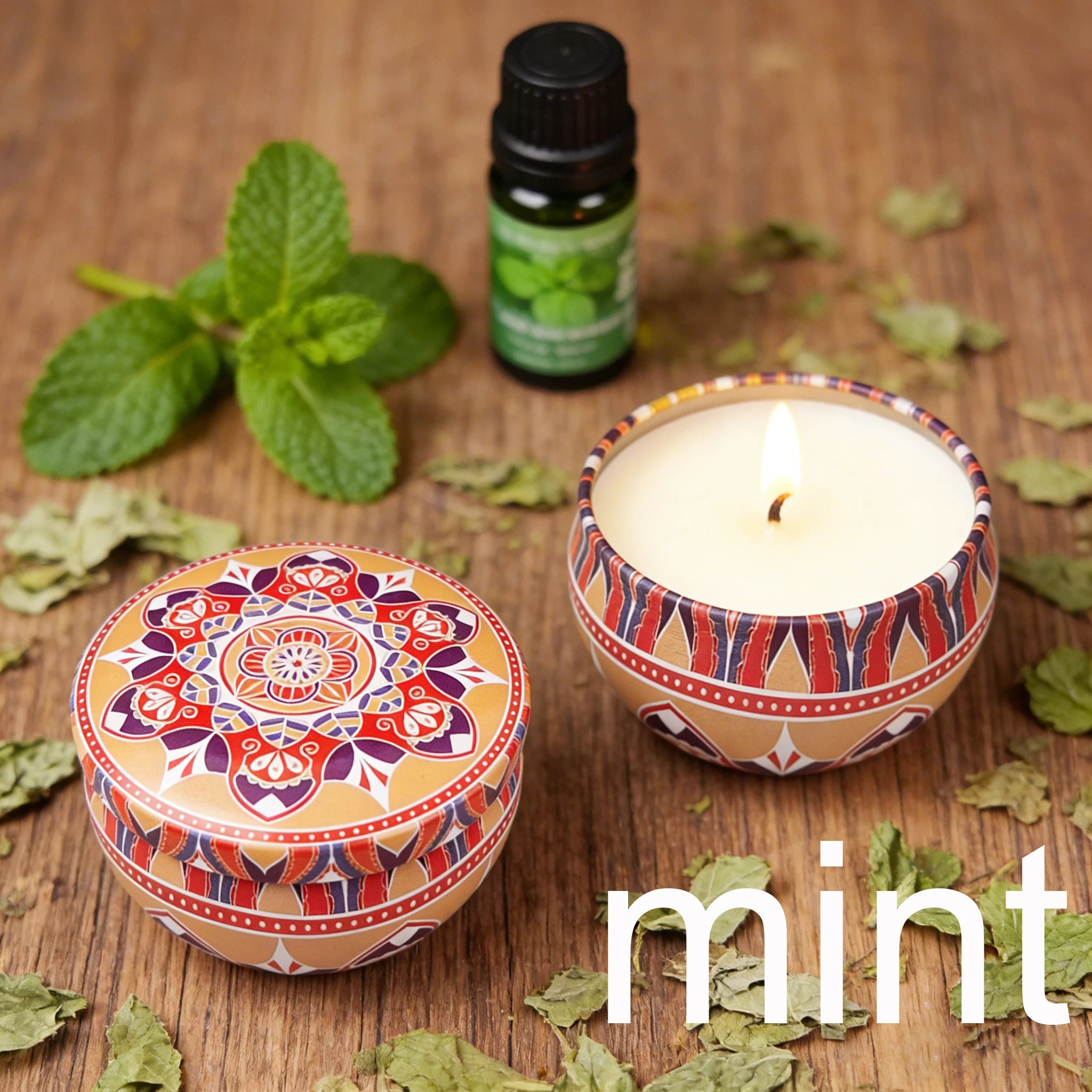 Tin candle with colorful mandala lid—Mint scent.