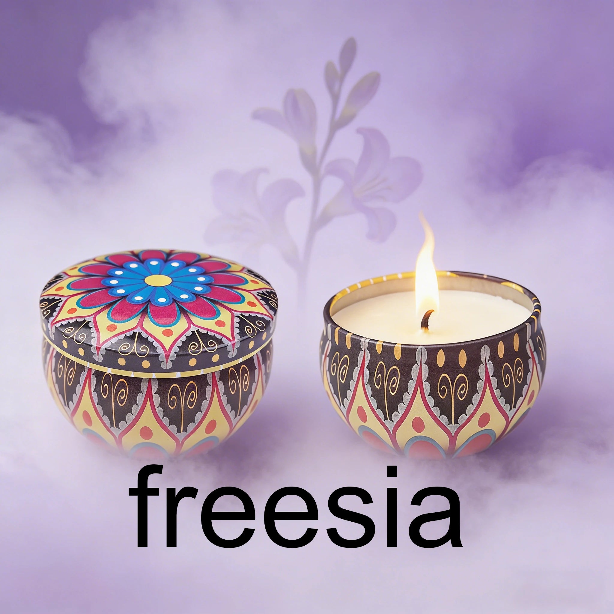 Tin candle in patterned tin lid—Freesia scent.