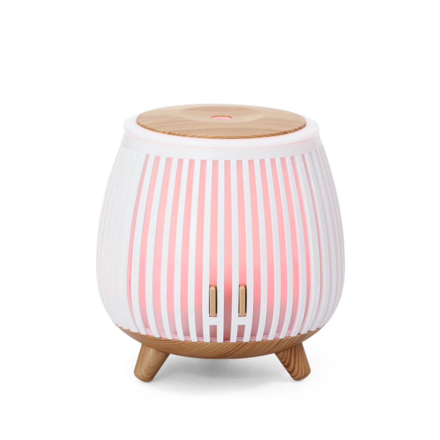 Mini ultrasonic aroma diffuser humidifier with light wood top, white striped body, pink night light