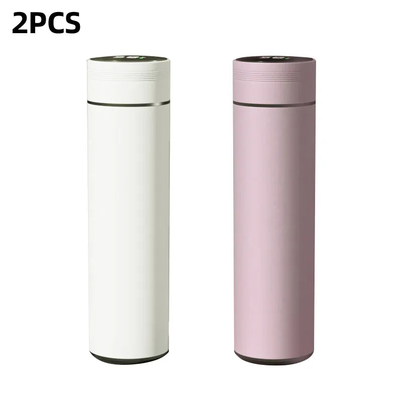 Set of 2 smart thermos flasks in white and pink, with lids and cups