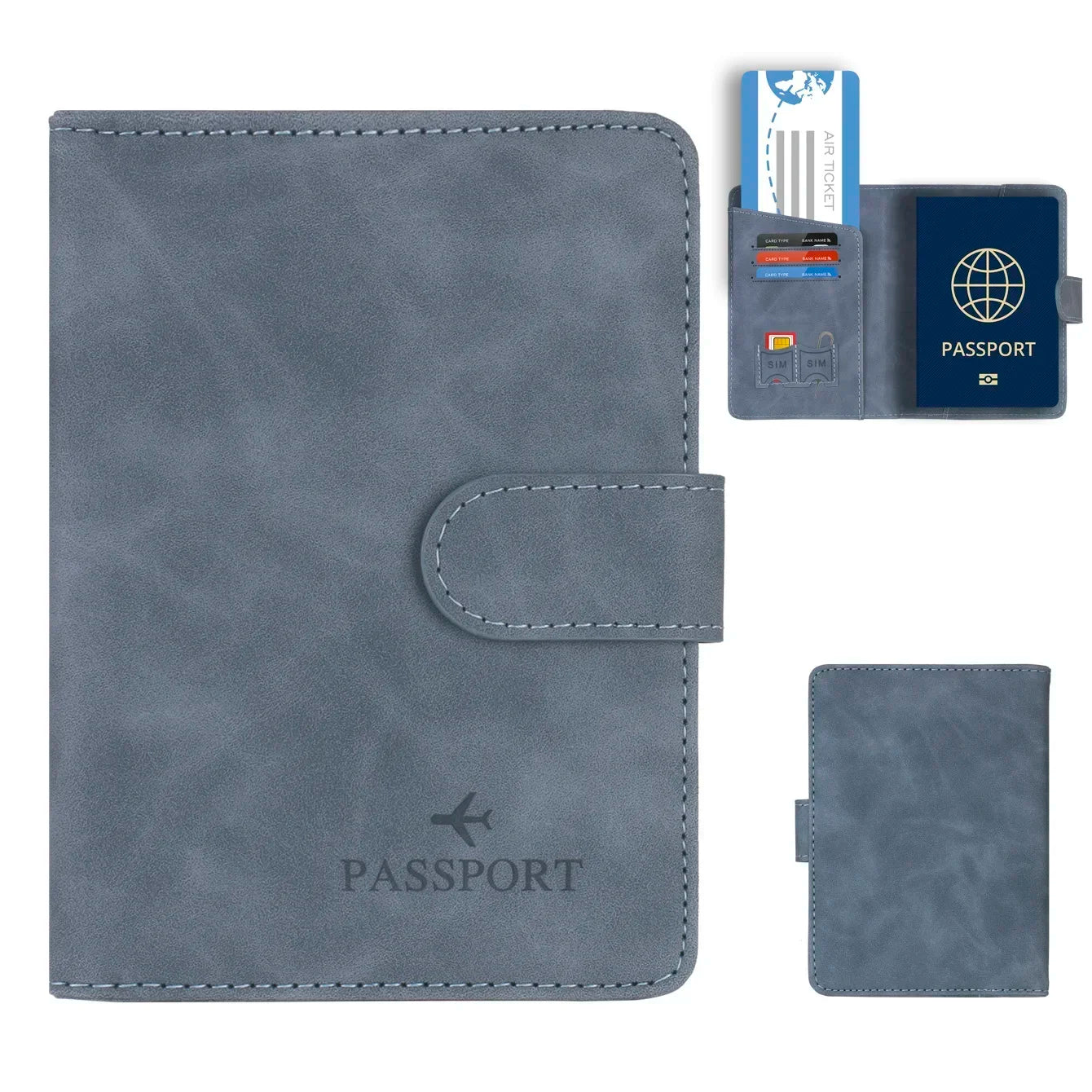 RFID passport wallet in slate grey vegan leather, open layout with card pockets