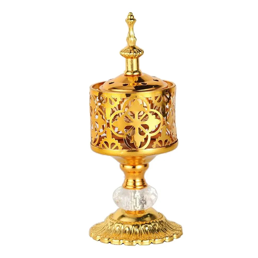 Gold lattice incense holder with domed lid and perforated top opening