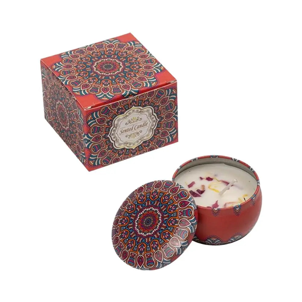 Vintage scented candle jar with red geometric pattern lid and white wax with petals