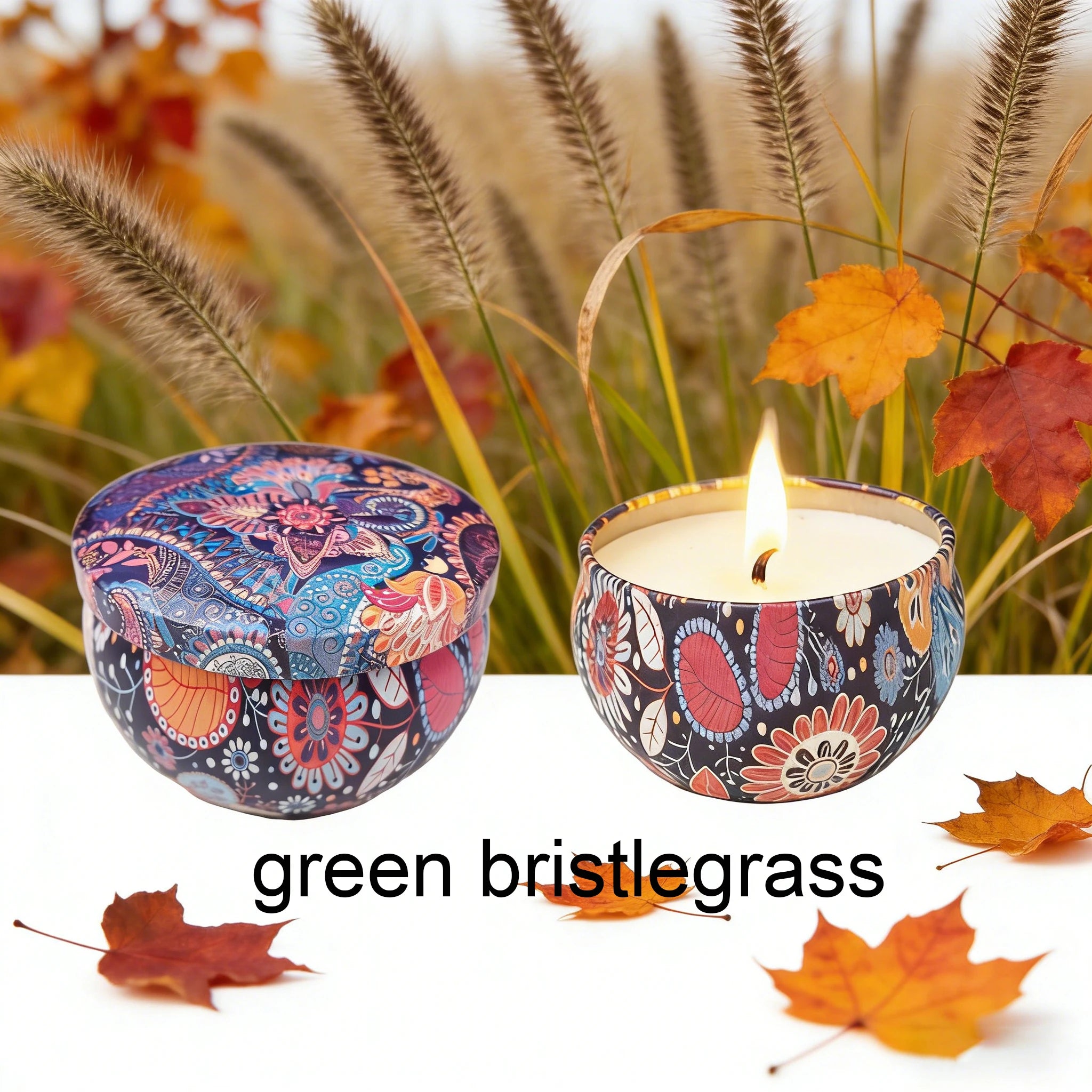 Green bristlegrass scented tin candle with flame in patterned container