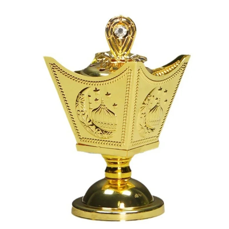 Gold metal incense holder with crown bowl, engraved stars, and gem finial lid