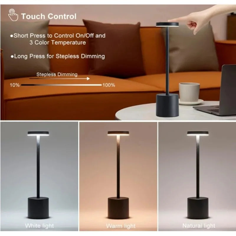 LED touch lamp shown in three glow tones—cool, warm, and natural—black base