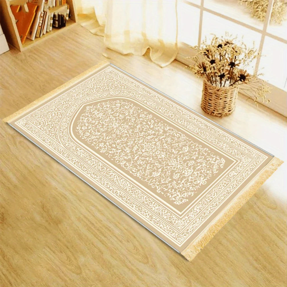 Cream and gold Islamic prayer rug with ornate arch medallion and border