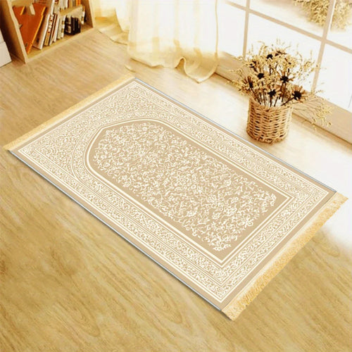 Cream and gold Islamic prayer rug with ornate arch medallion and border
