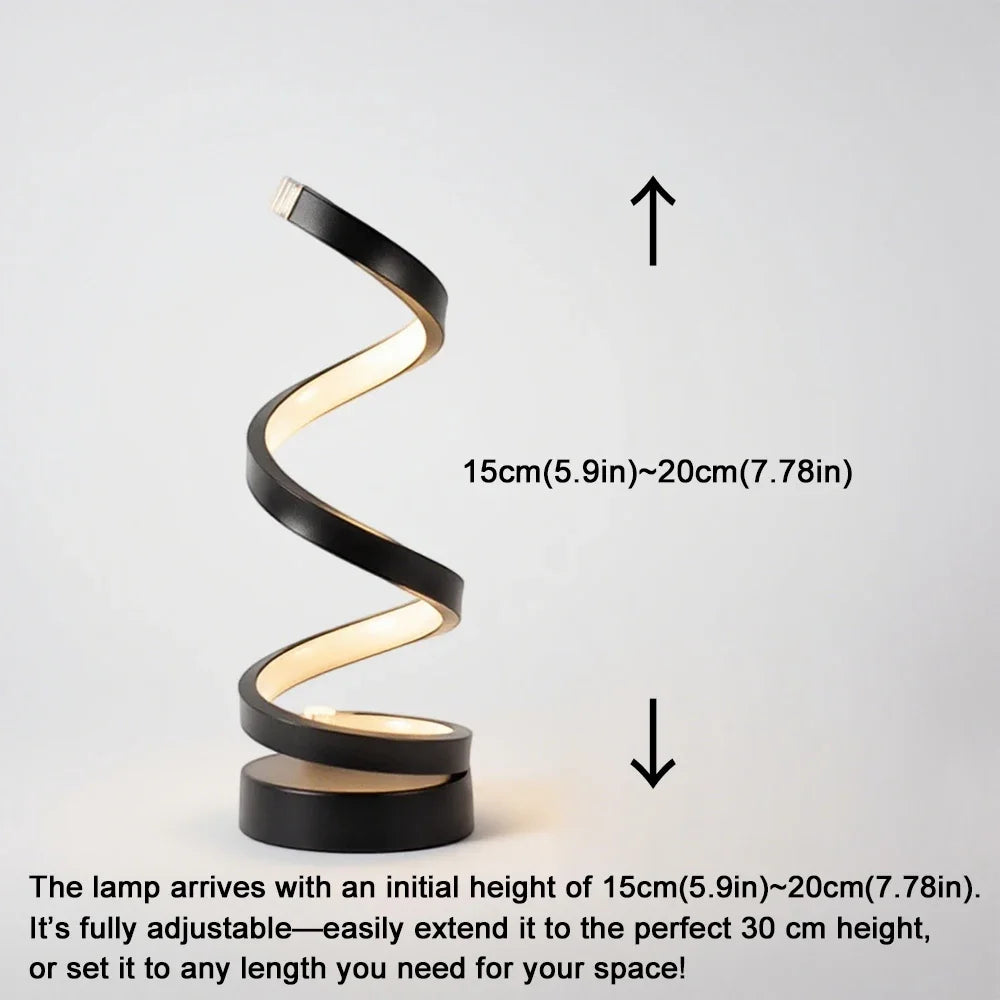 Black spiral dimmable LED lamp on round base, wavy light extending upward