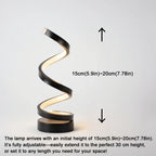 Black spiral dimmable LED lamp on round base, wavy light extending upward