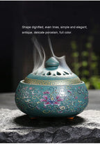 Sky Blue incense burner with floral enamel pattern and decorative pierced top