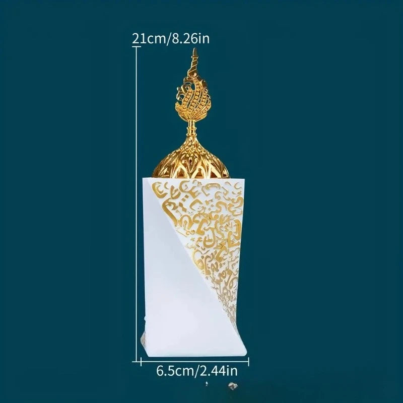 White resin bakhoor burner standing with gold finial and engraved Arabic side panel
