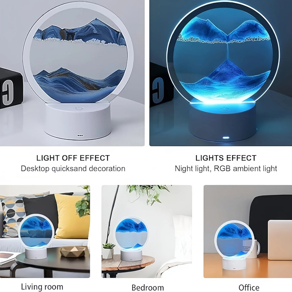 Cordless reading lamp with white base and glowing ring; blue light on sand display