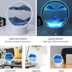 Cordless reading lamp with white base and glowing ring; blue light on sand display