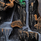 Backflow incense burner cascade scene with flowing smoke over stone wall and houses