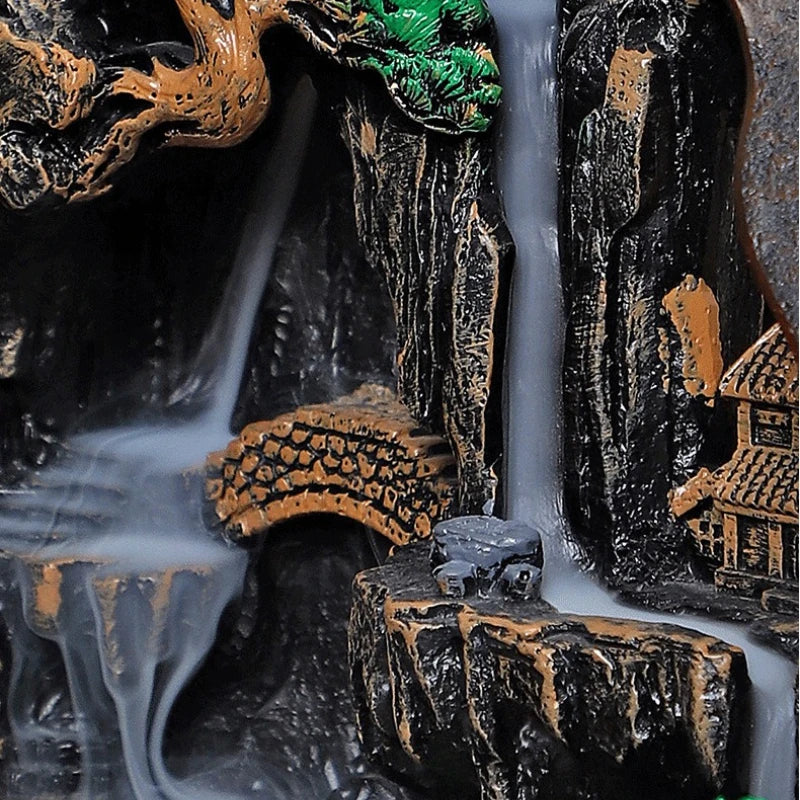 Backflow incense burner cascade scene with flowing smoke over stone wall and houses