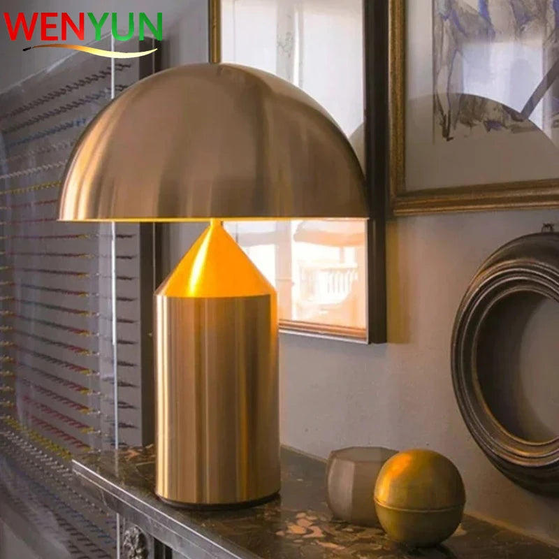 Nordic mushroom table lamp with champagne gold metal shade and cylinder base