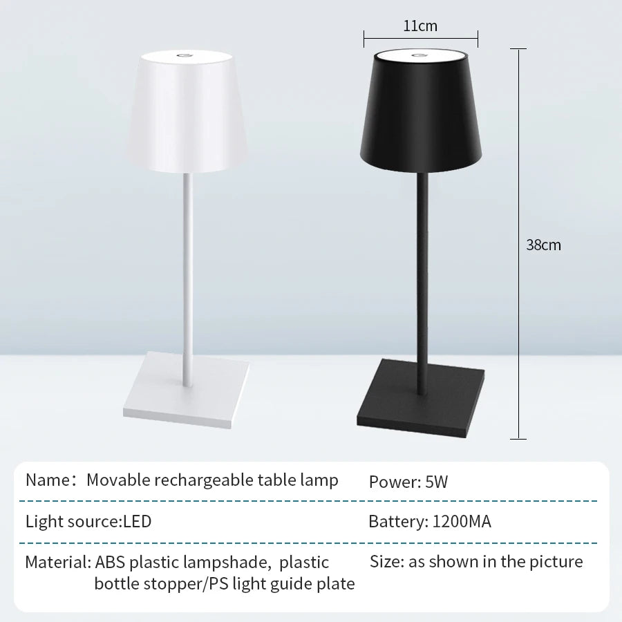 Cordless LED desk lamp size view: Pearl White shade option and Obsidian black shade