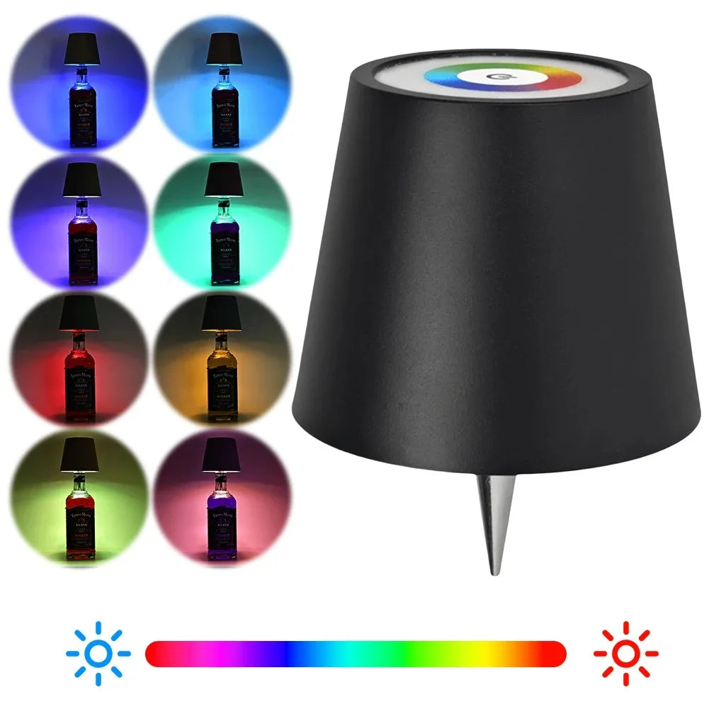 Black LED bottle lamp with top control and RGB color options shown in circles