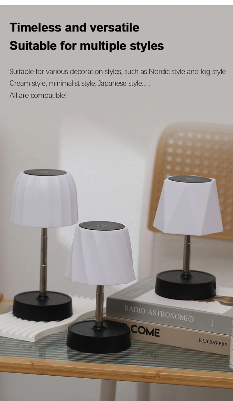 Cordless LED table lamps with pleated white shades, metal stems, and black bases