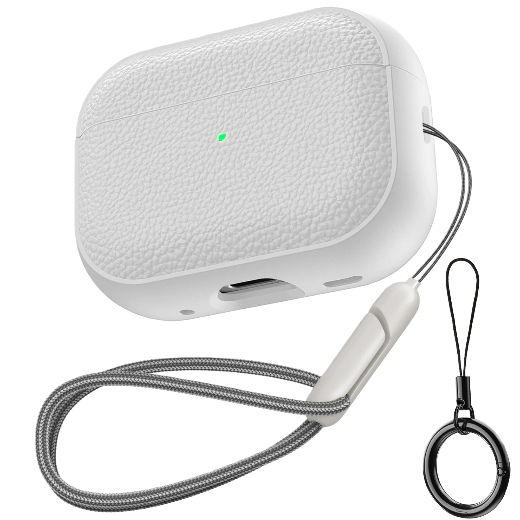 Pearl white textured TPU AirPods case with keychain ring and braided lanyard strap