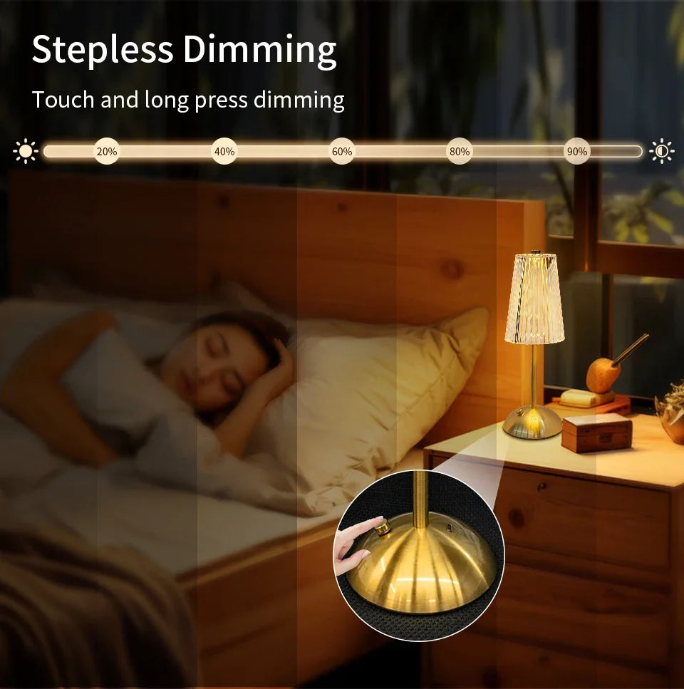 Cordless dimmable night lamp on bedside table with golden shade and gold base