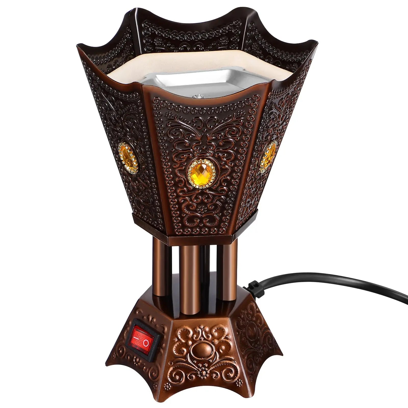 Smoked Umber LED bakhoor censer with empty metal tray and amber side gems