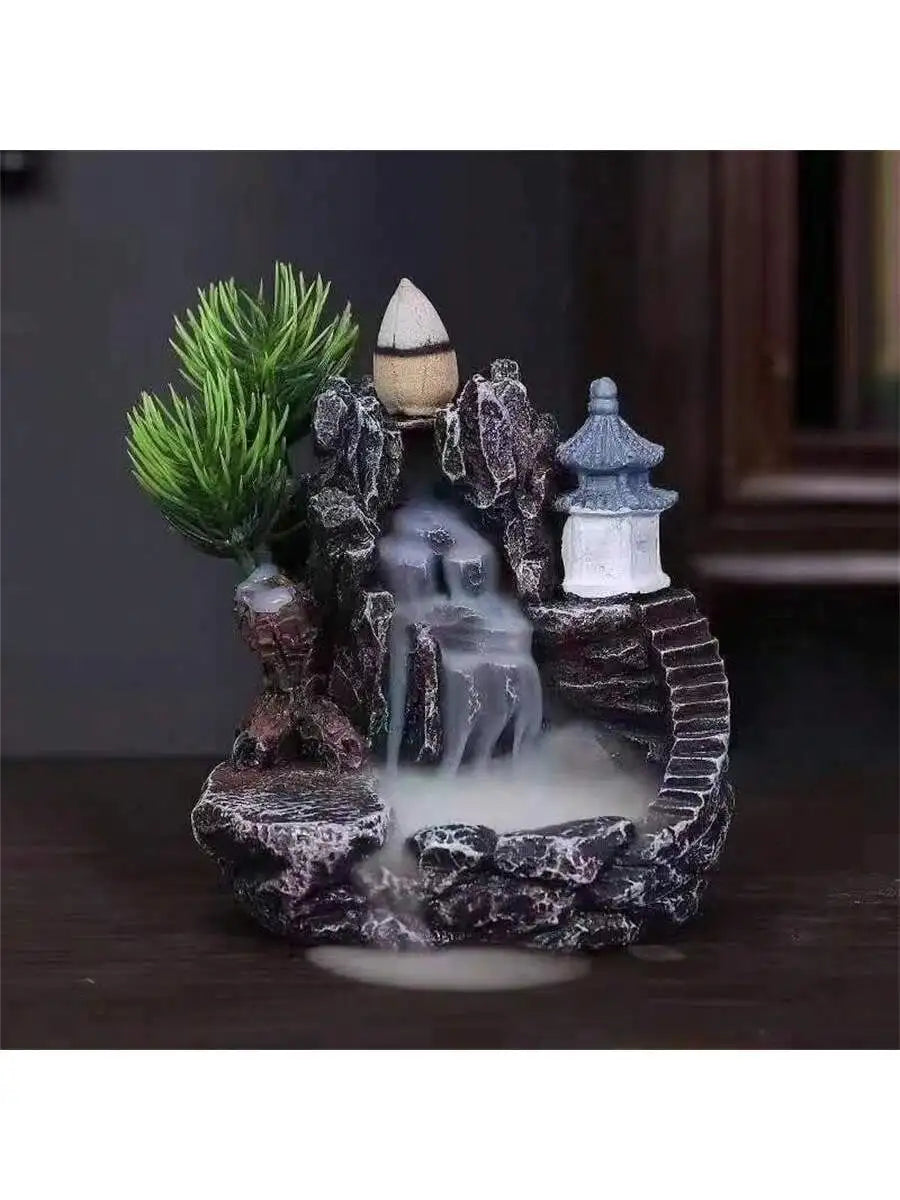 Backflow waterfall incense holder with green pine, stone waterfall, lantern, smoke stream