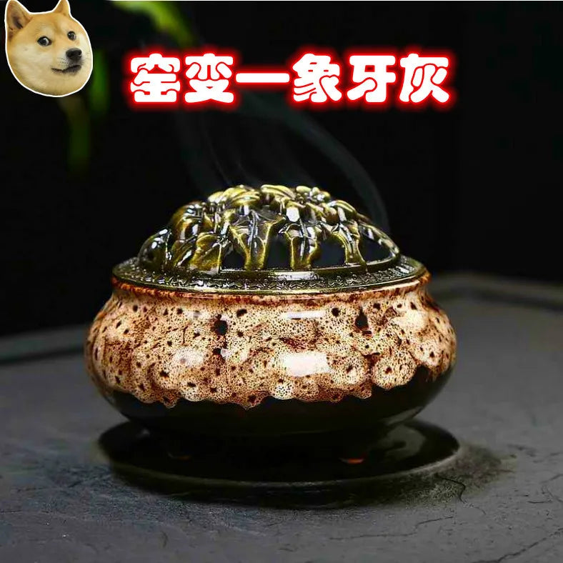 Ceramic incense burner with speckled beige glaze and bronze dome lid