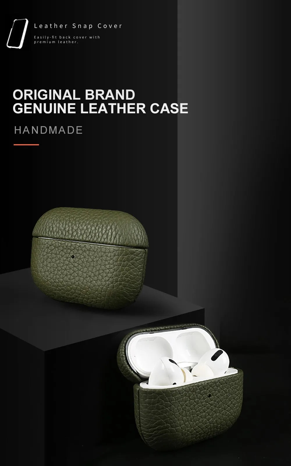 Olive green leather AirPods case, closed and open with AirPods visible inside