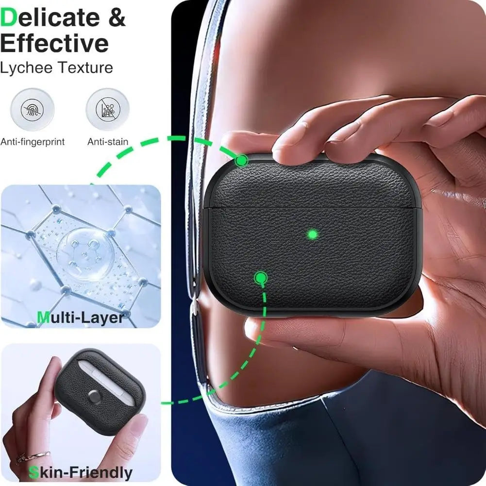 Black TPU AirPods case with lychee texture, top seam, and keyring loop