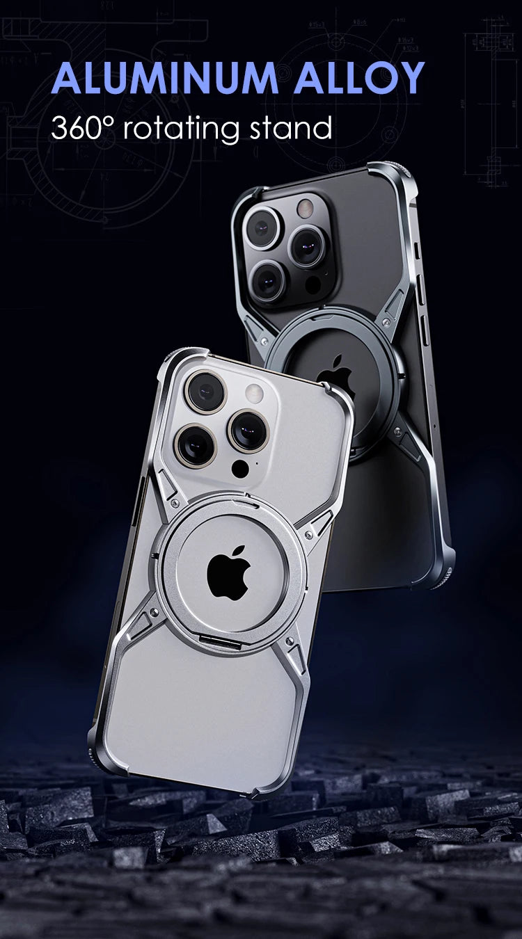 Two rimless magnetic phone cases, white and dark gray, with rotating circular stand ring