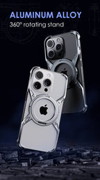 Two rimless magnetic phone cases, white and dark gray, with rotating circular stand ring
