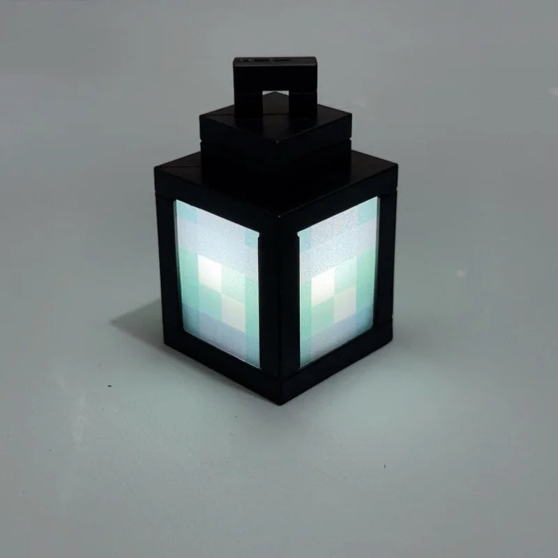 Black lantern night light with pixel panel glow in cool white and light blue