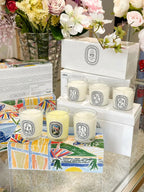 French Botanical scented candle jars in white and pale yellow, multiple fragrances