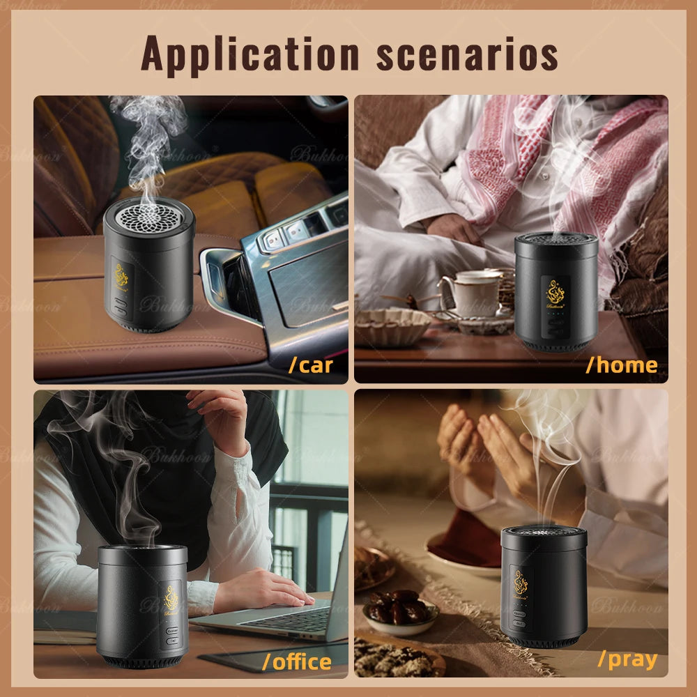 USB portable bakhoor burner shown for car, home, office, and pray use