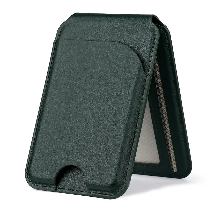 2-in-1 MagSafe wallet stand in sage green, textured leather with card holder window
