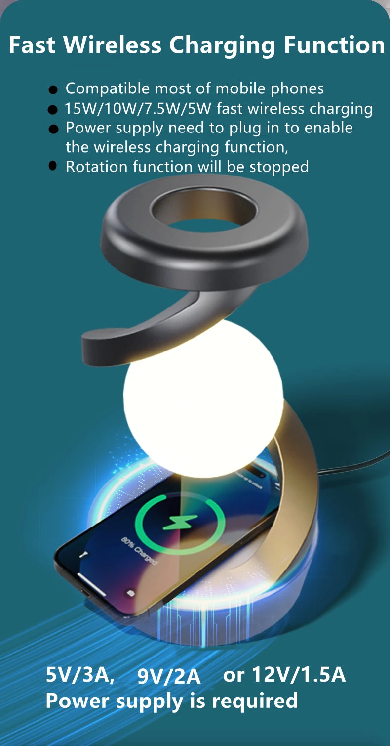 Floating wireless charging lamp with glowing orb, dark base and adjustable ring arm