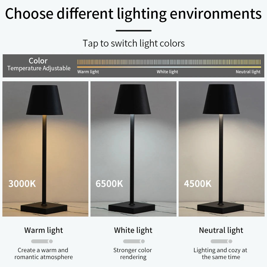 LED desk lamp shown in three color temperatures: warm, white, and neutral light