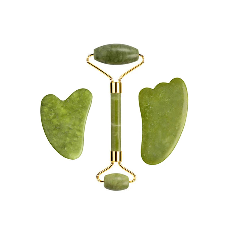 Jade roller and gua sha set with three stones: oval head, curved scraper, and small base piece