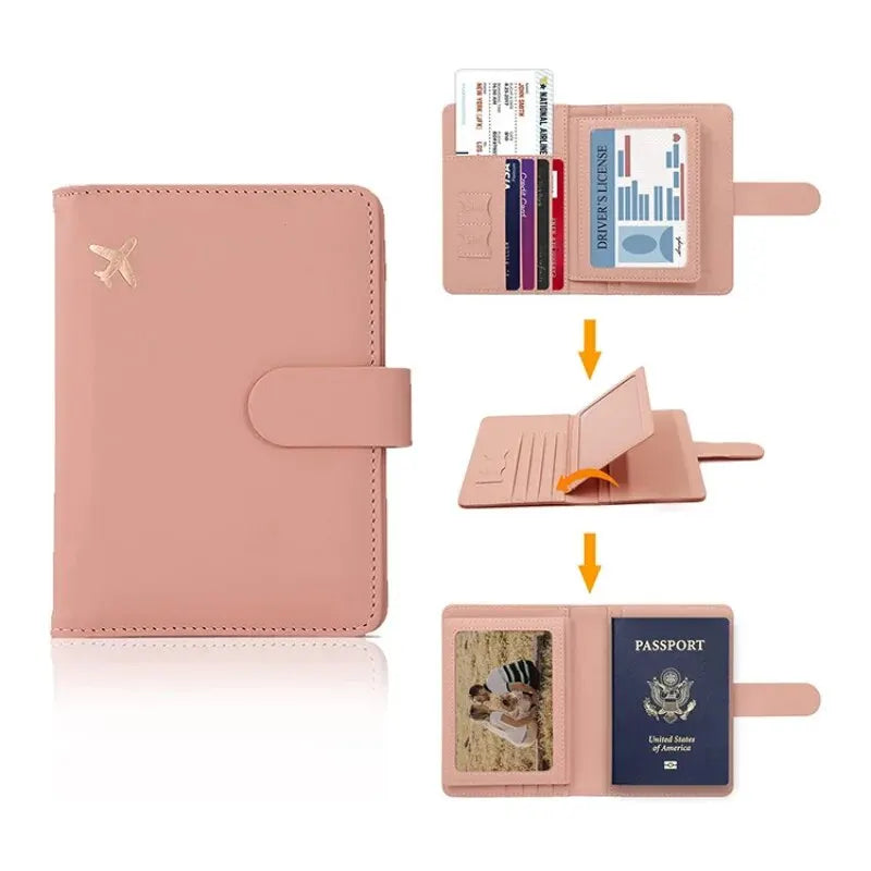Blush pink passport holder with hasp-style flap closure; card pockets and passport slot shown